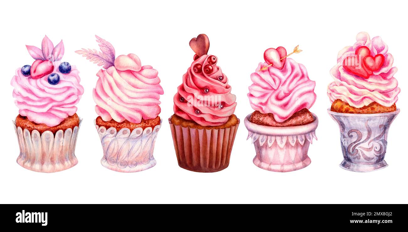 Hand drawn watercolor pink cupcake set with heart for Saint Valentine’s ...