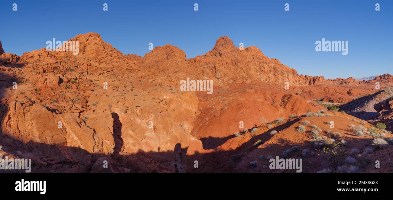 Eroded red sandstone formations shown at Valley of Fire in Nevada, United States. The park has a National Natural Landmark designation and is located Stock Photo