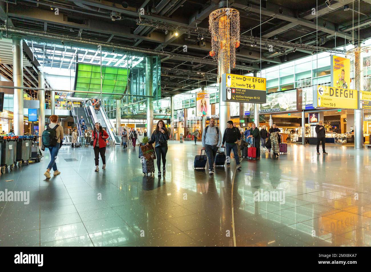 Interiors of the Amsterdam Airport Schiphol, Netherlands. Inside duty free. Airport life. Stock Photo