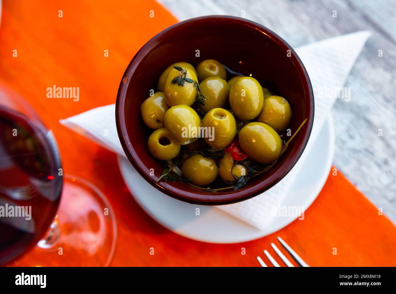 Pickled green olives without stone typical Spanish tapas olivas