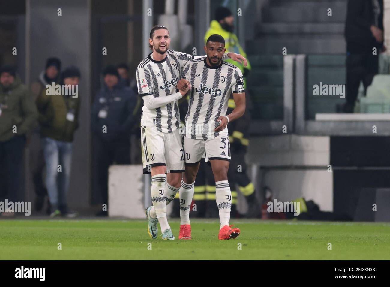 Turin, Italy, 2nd February 2023. Gleison Bremer of Juventus celebrates with team mate Adrien Rabiot after scoring to give the side a 1-0 lead  during the Coppa Italia Frecciarossa Quarter Final match at Allianz Stadium, Turin. Picture credit should read: Jonathan Moscrop / Sportimage Stock Photo