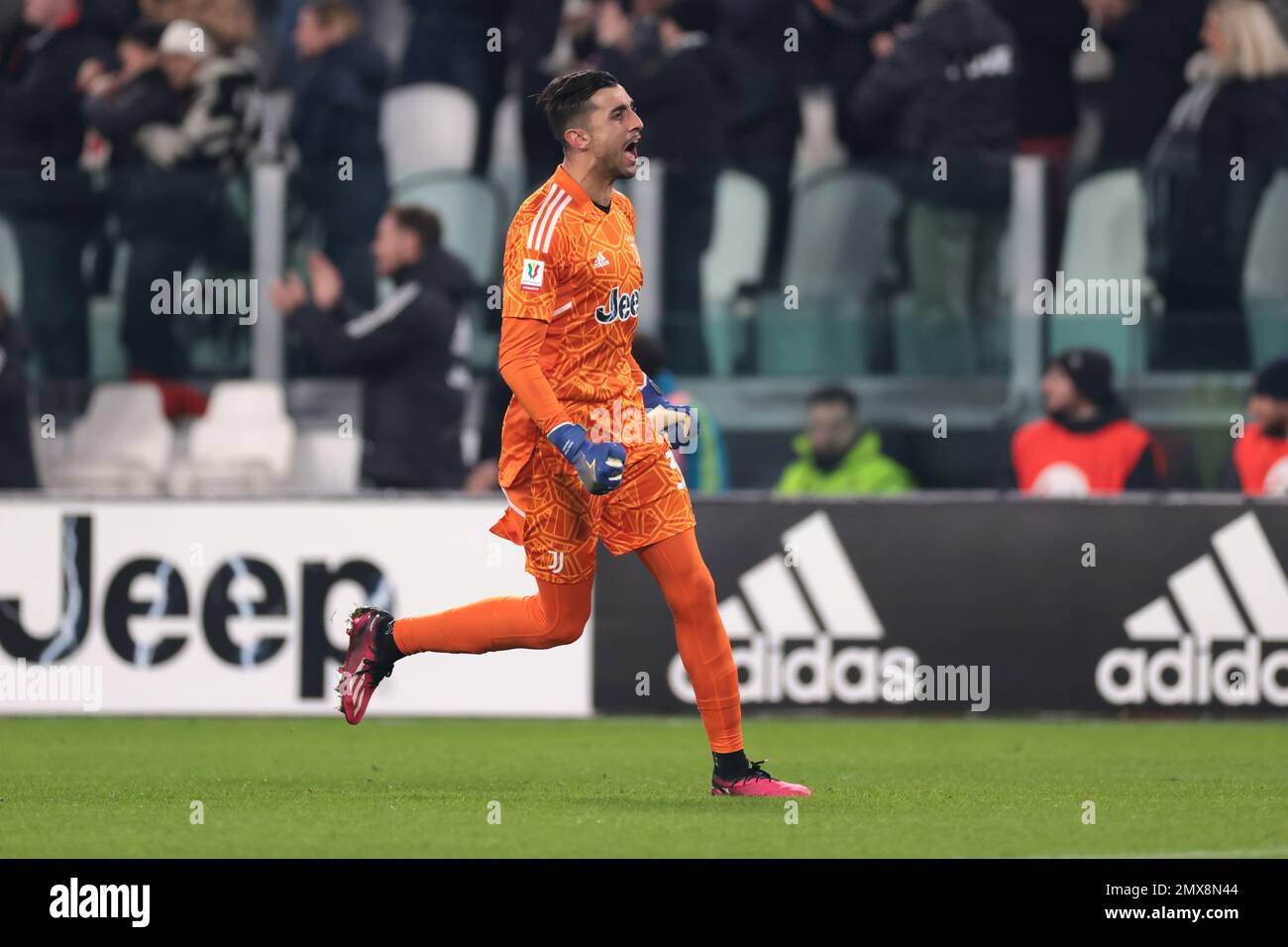 Turin, Italy, 2nd February 2023. Mattia Perin of Juventus celebrates after team mate Gleison Bremer scored to give the side a 1-0 lead  during the Coppa Italia Frecciarossa Quarter Final match at Allianz Stadium, Turin. Picture credit should read: Jonathan Moscrop / Sportimage Stock Photo