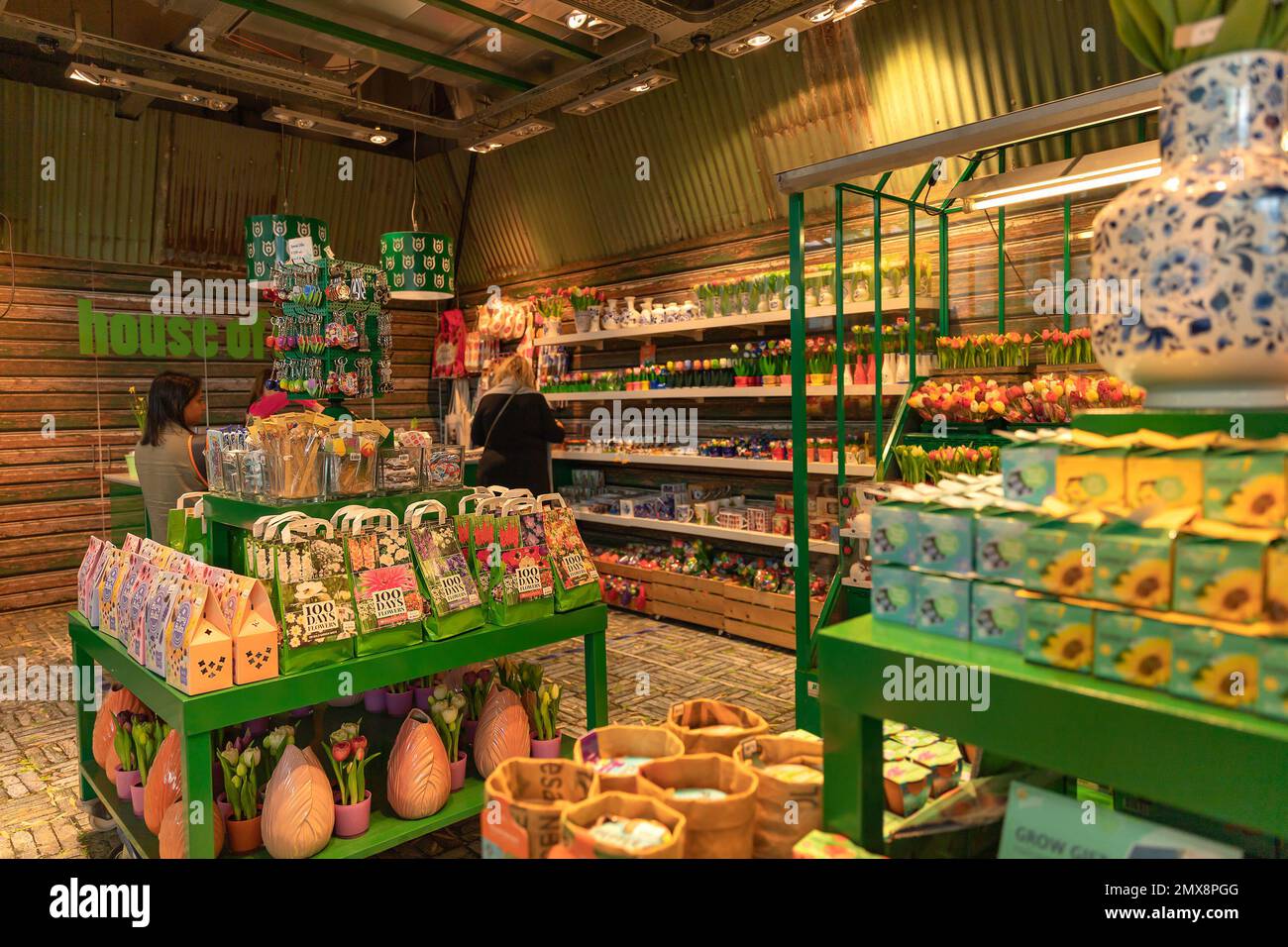 The flower shop in  Amsterdam Airport Schiphol. Tulip is the symbol of Netherlands. Souvenirs from Netherlands. Stock Photo