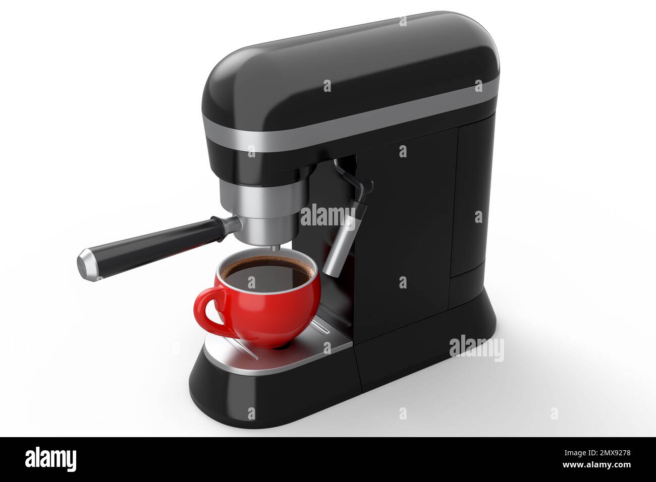 Espresso coffee machine with a horn and ceramic coffee cup on white ...
