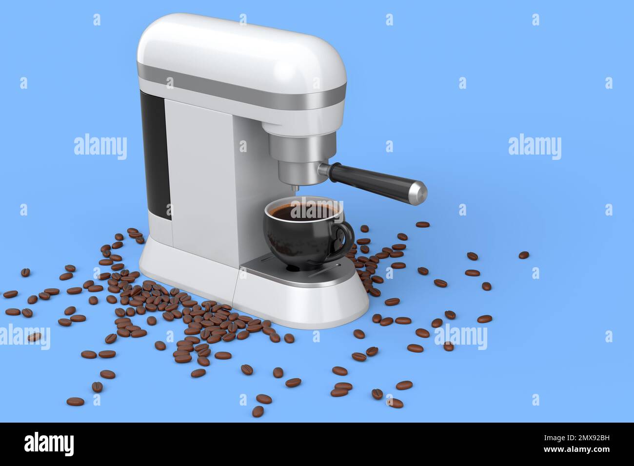 Espresso coffee machine with a horn and ceramic coffee cup on blue ...