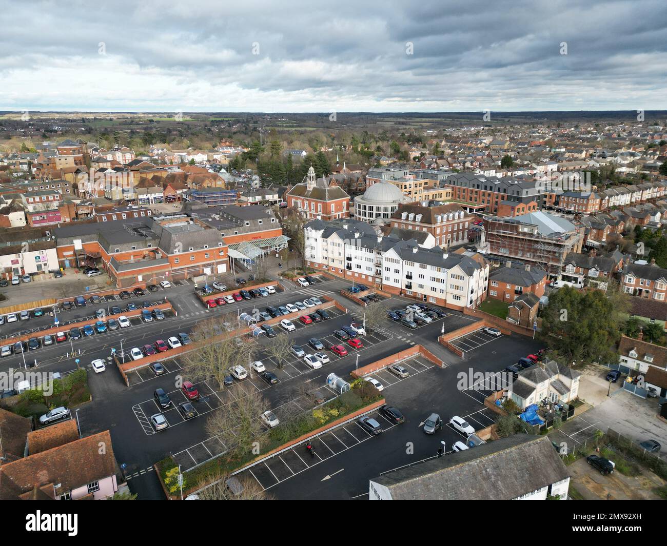 Large carpark Braintree Essex UK Drone, Aerial, view from air, birds