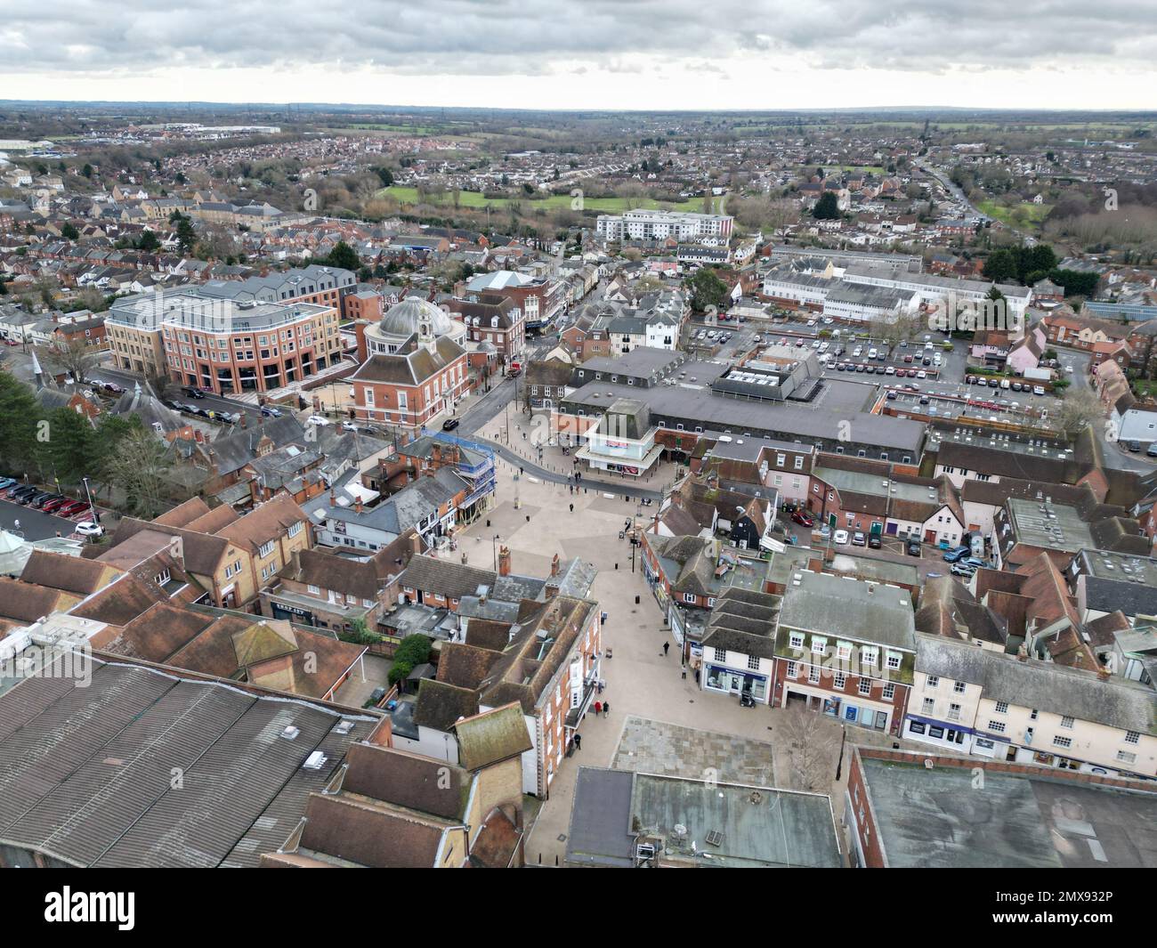 Market place Tescos supermarket Braintree Essex UK Drone, Aerial, view