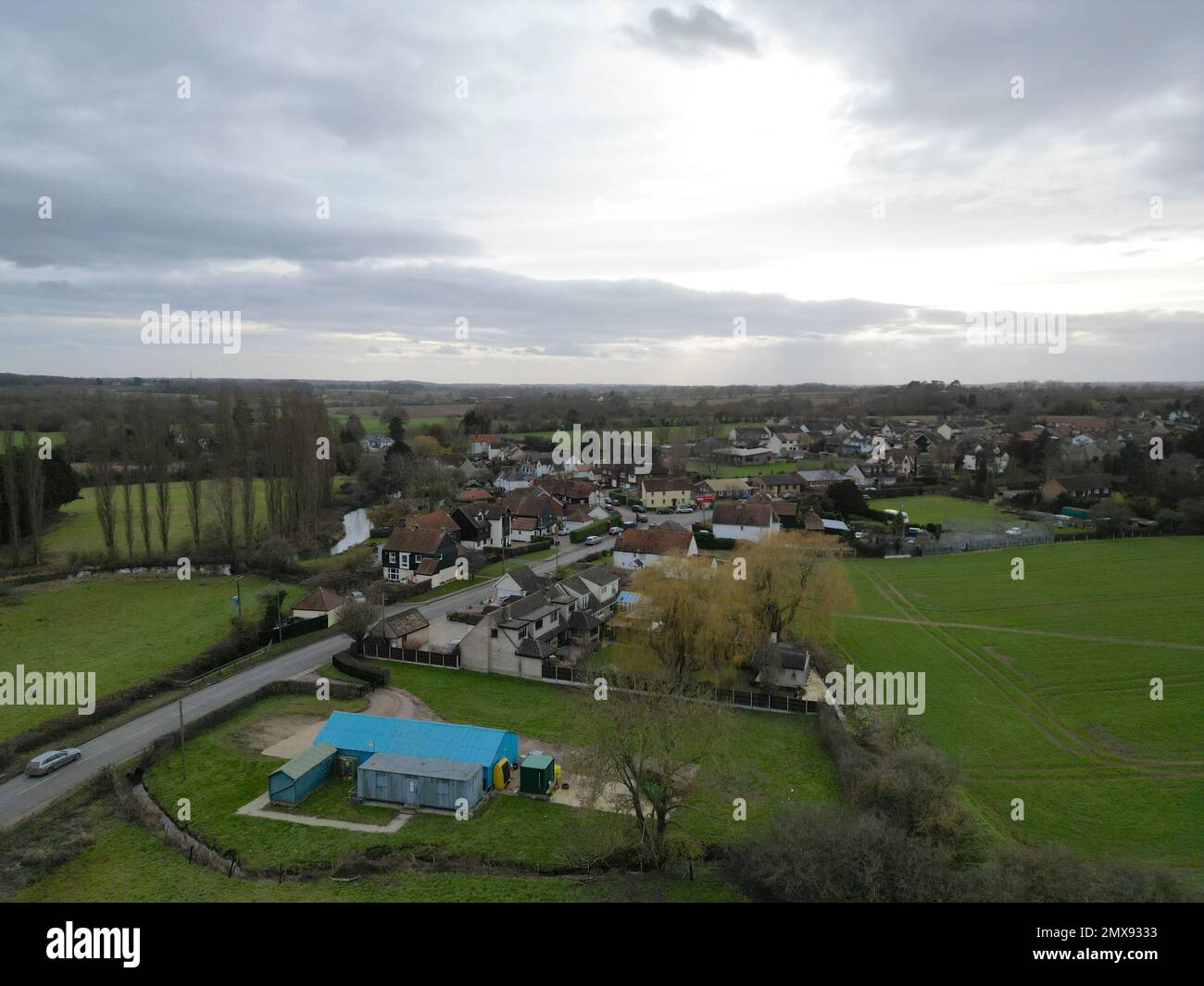Fyfield ,small village and farm fields Essex UK  Drone, Aerial, view from air, birds eye view, Stock Photo