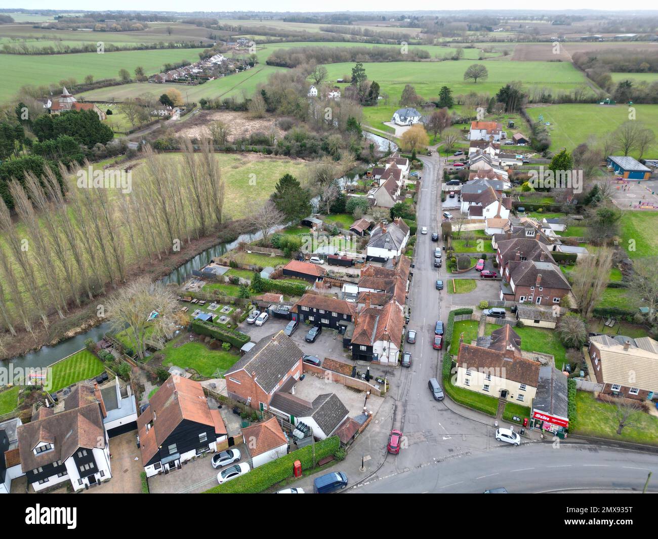Fyfield , village centre Essex UK  Drone, Aerial, view from air, birds eye view, Stock Photo