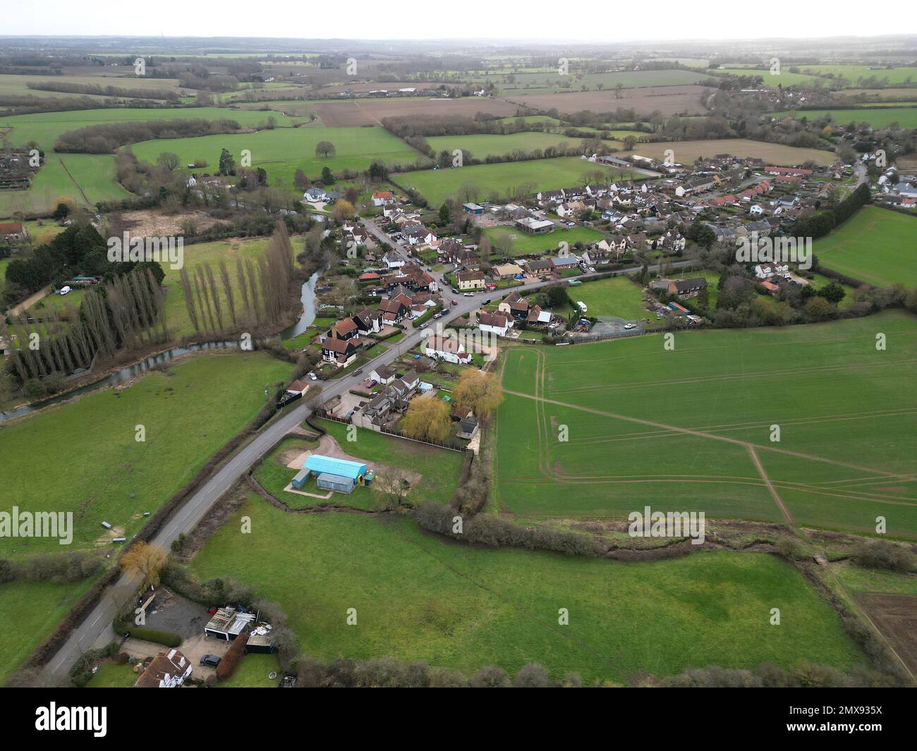 Fyfield ,small village Essex UK  Drone, Aerial, high aspect Stock Photo