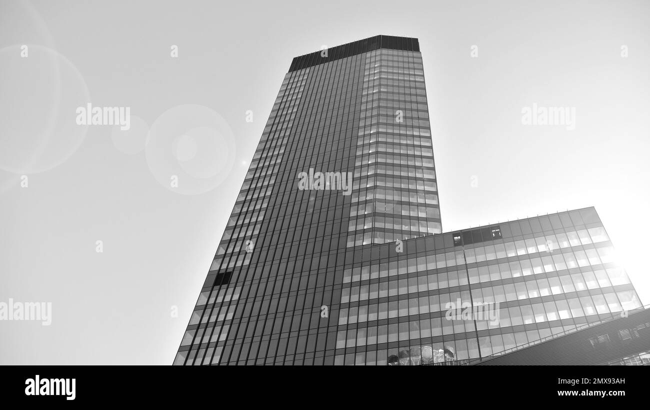 Commercial building close up in blue tone. Gigantic skyscraper from below. Architecture details of modern building amd glass facade. Black and white. Stock Photo