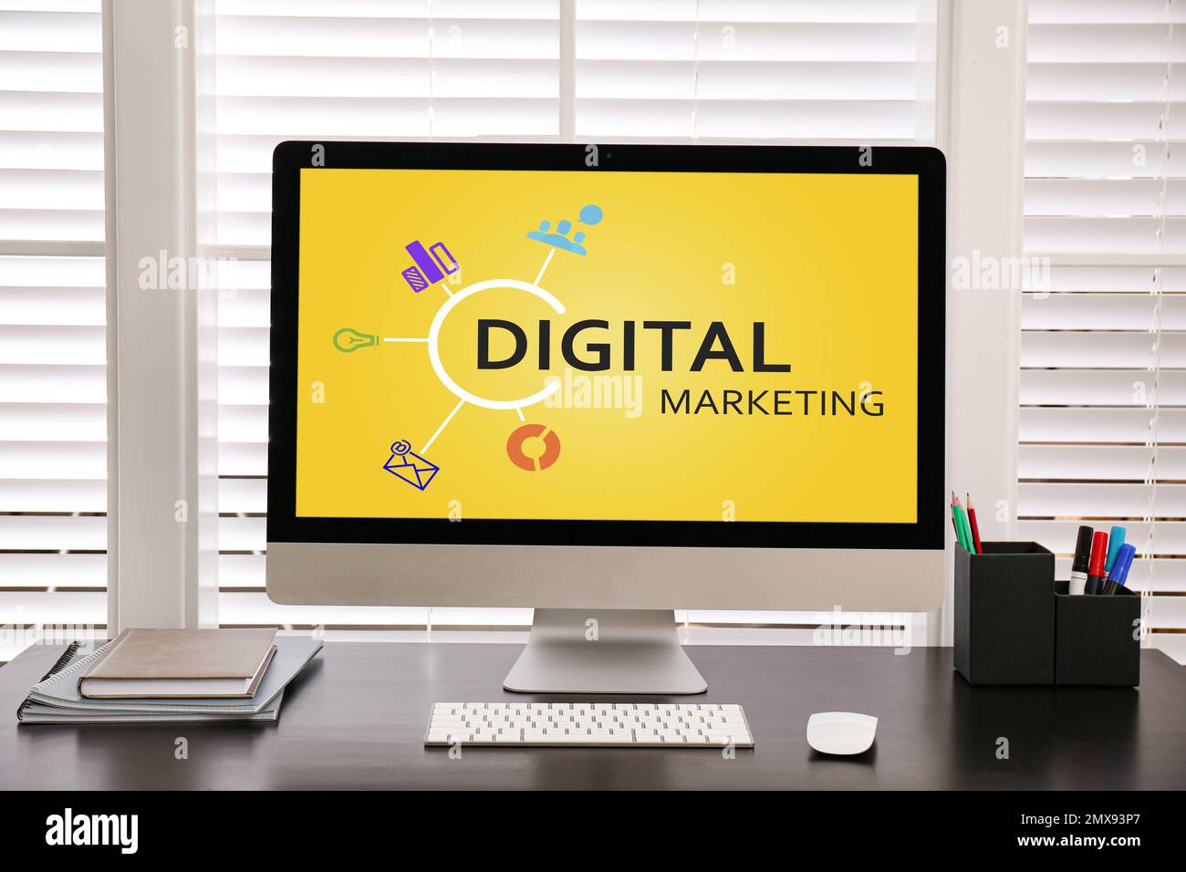 Digital marketing concept. Workplace with modern computer Stock Photo