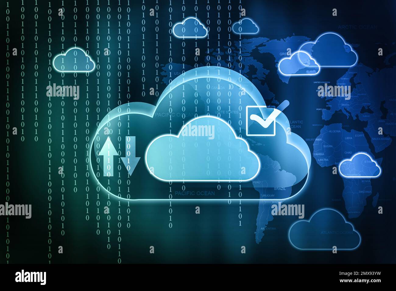 Cloud image, binary code and world map on background. Modern technology Stock Photo