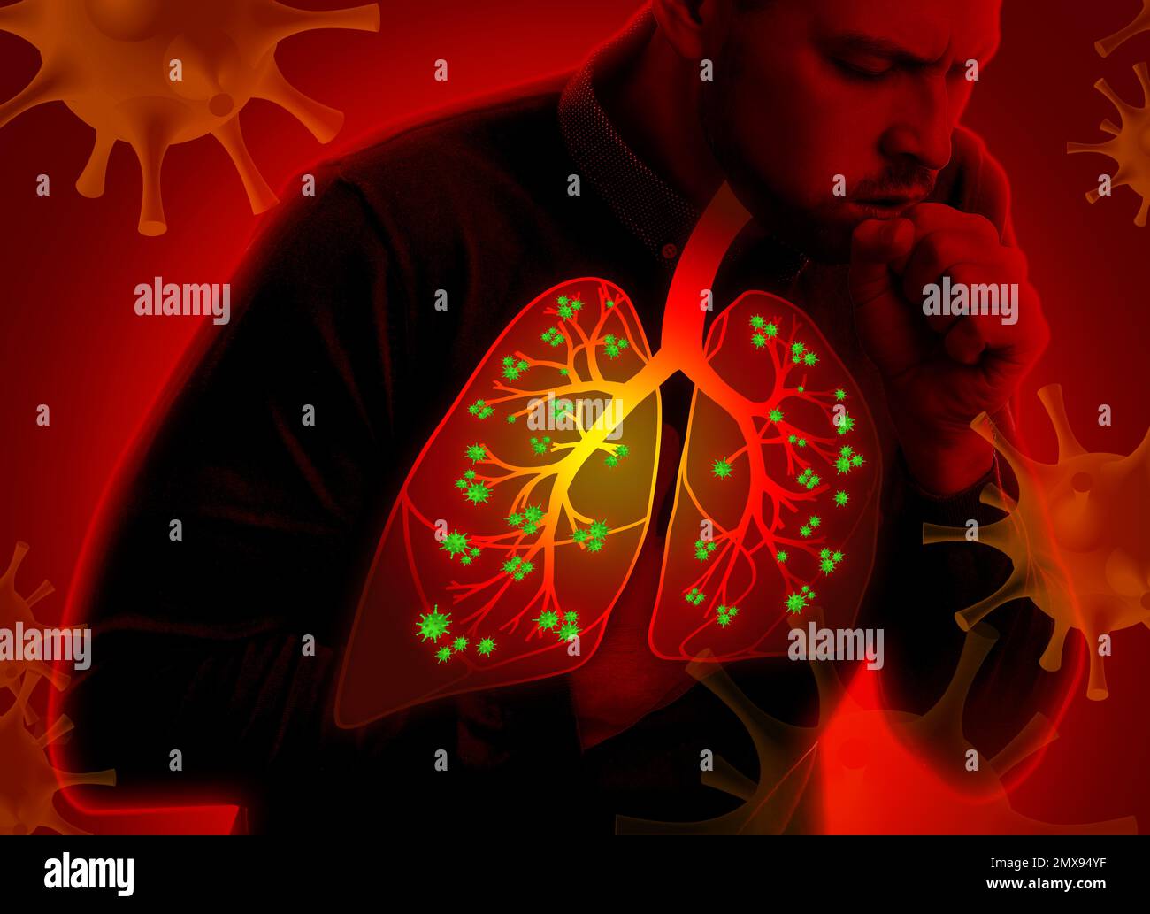 Man with diseased lungs coughing on red background Stock Photo Alamy