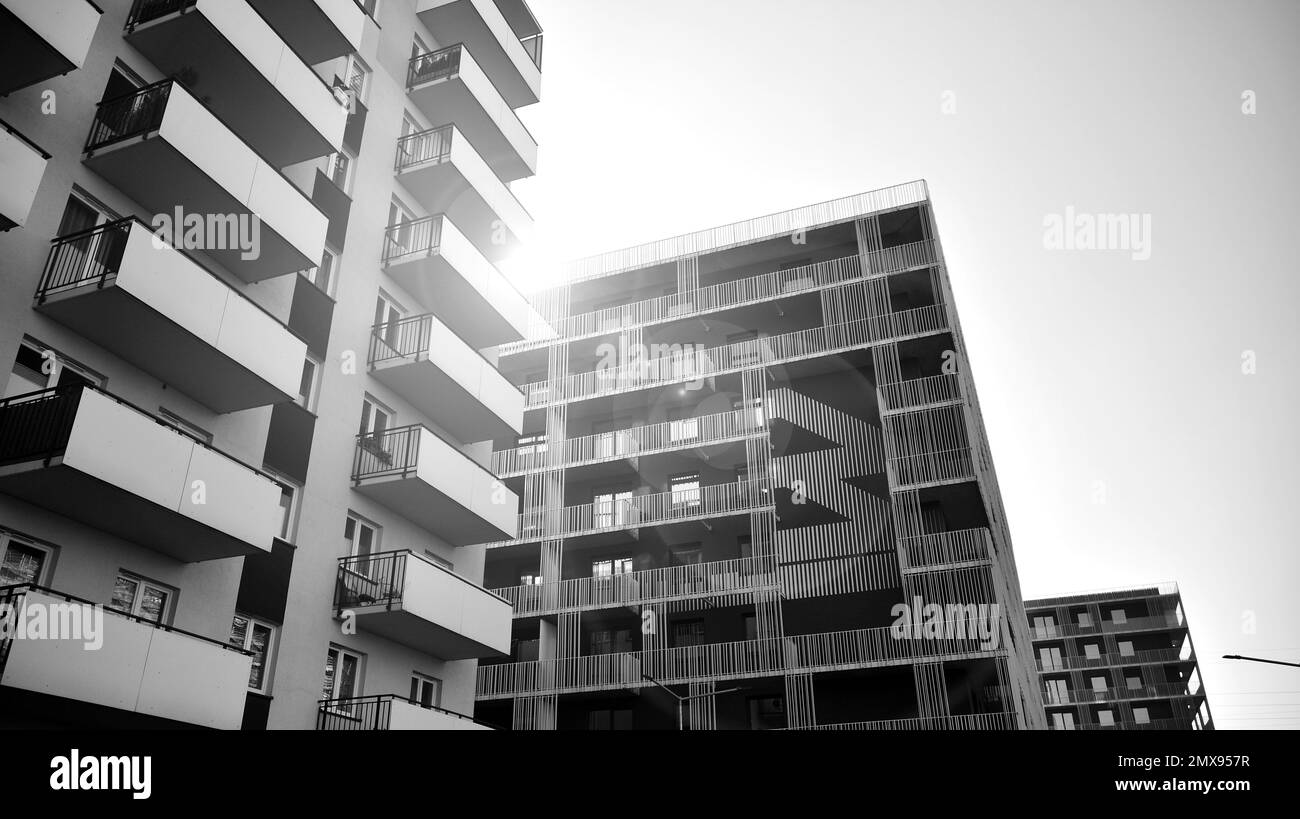 Modern apartment building. Modern urban architecture and details of building facade. Black and white. Stock Photo