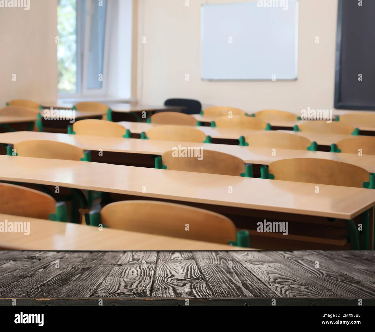 Empty White Classroom Background with Green Chalkboard Table and Seat on  Wooden Floor. Education and Back To School Concept Stock Illustration -  Illustration of education, classroom: 220056564