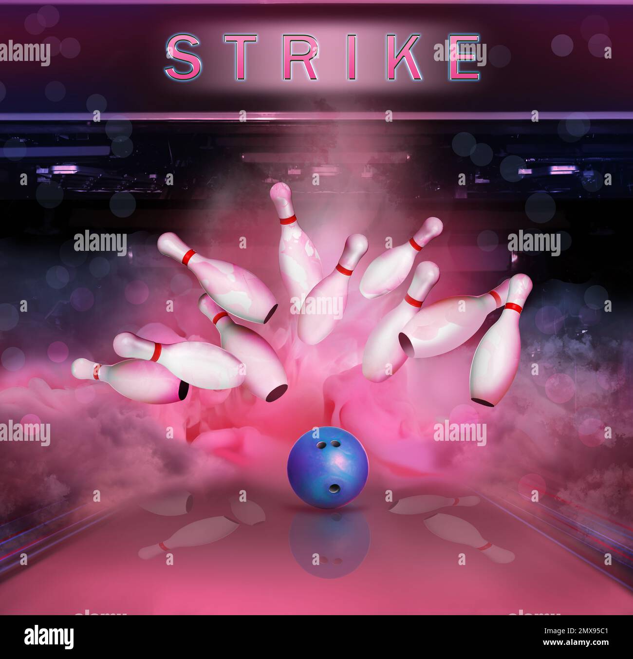 Bowling ball bouncing pins. Successful hit strike Stock Photo Alamy