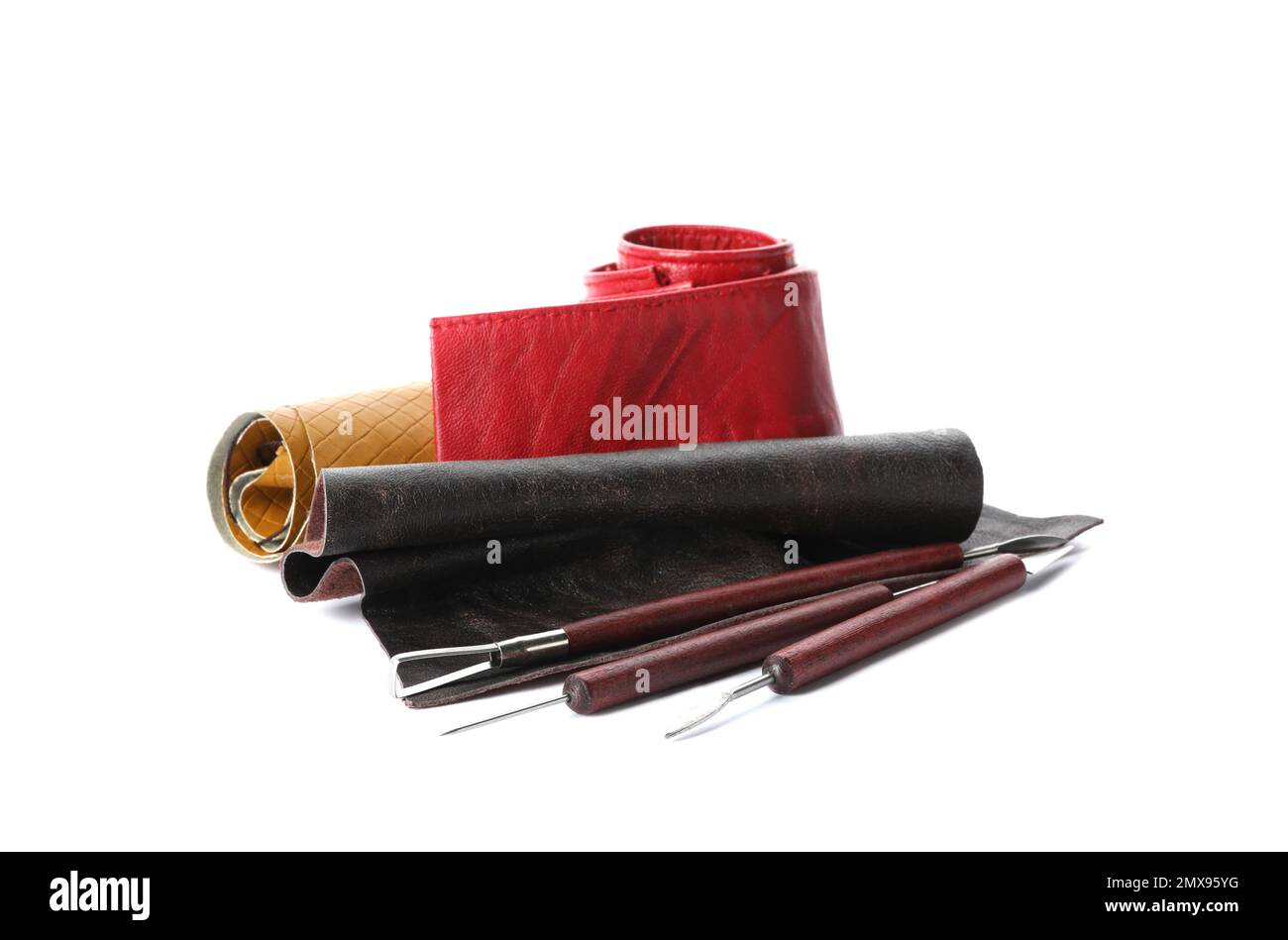 Leather samples and craftsman tools isolated on white Stock Photo