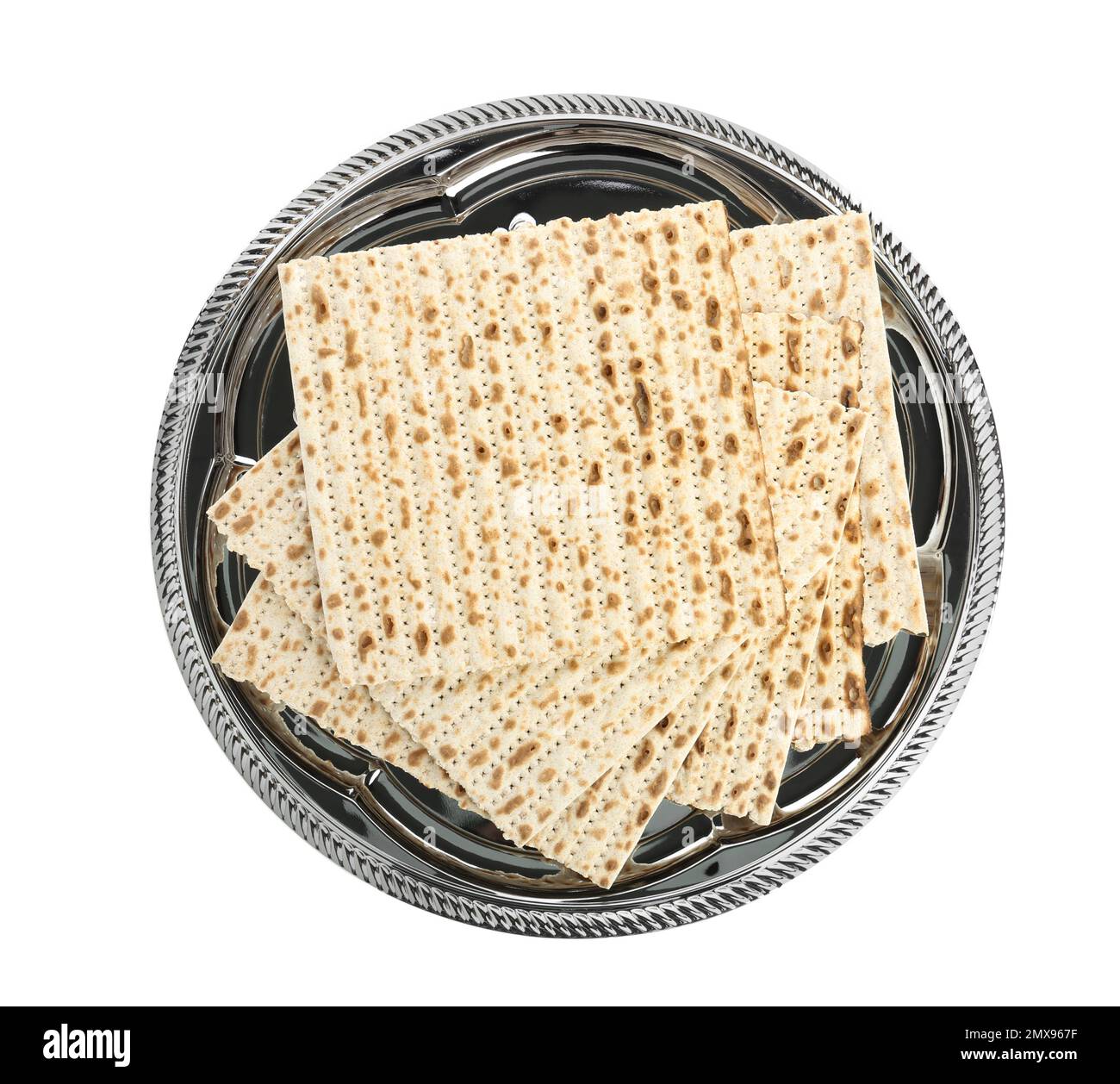 Passover matzos isolated on white, top view. Pesach celebration Stock