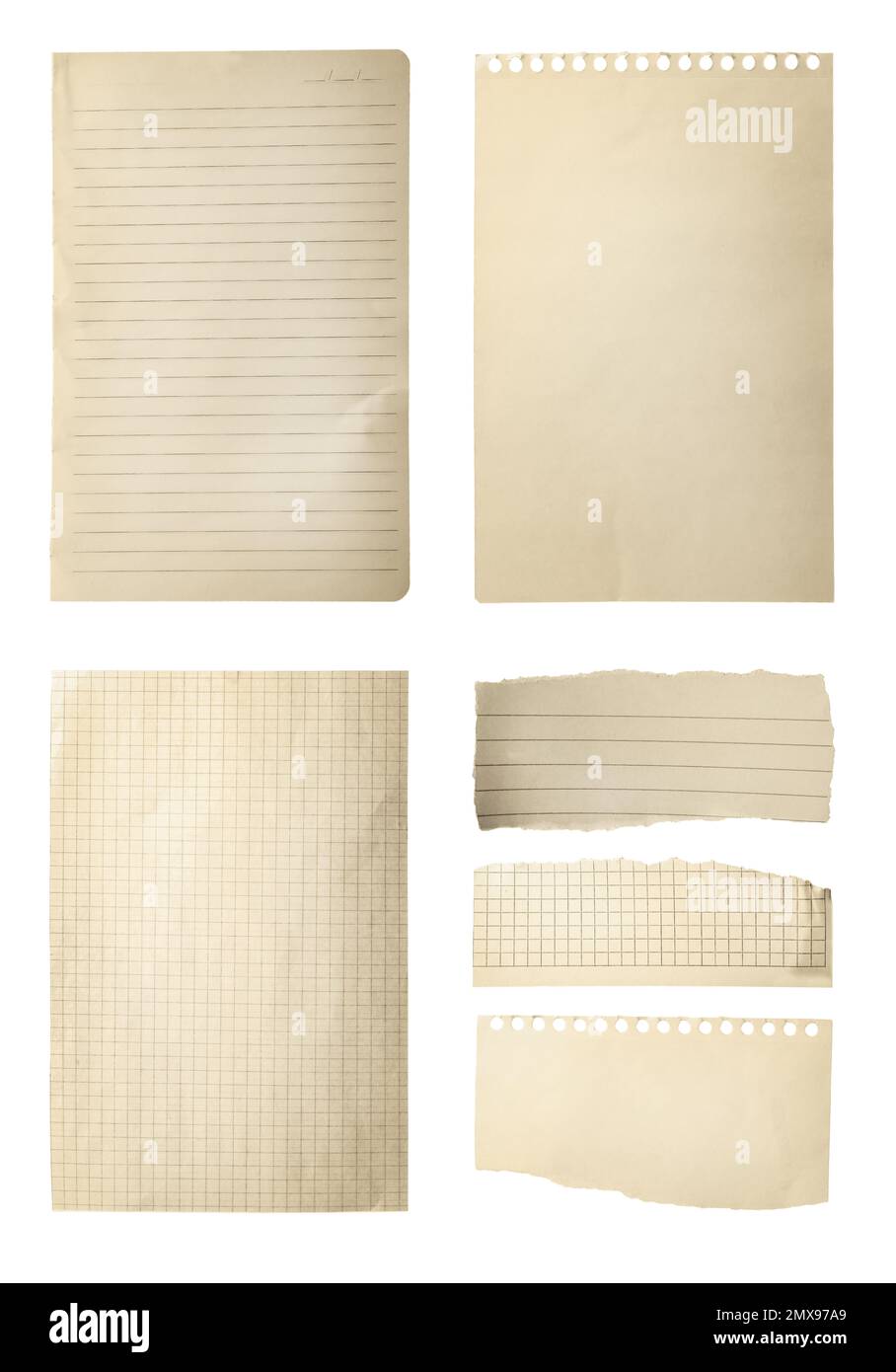 Set of different old notebook papers on white background Stock Photo