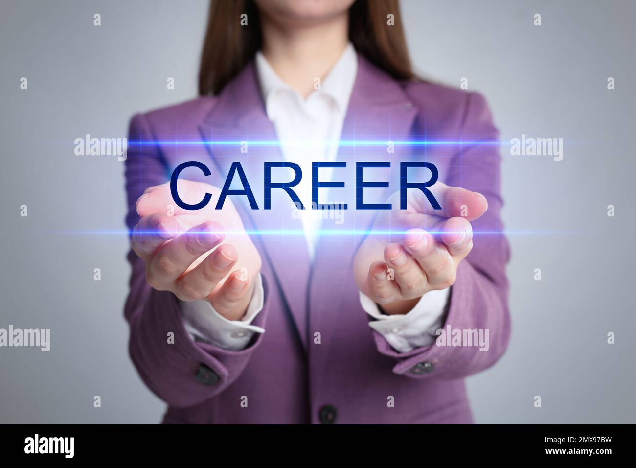 Career concept. Woman on light grey background, closeup Stock Photo Alamy