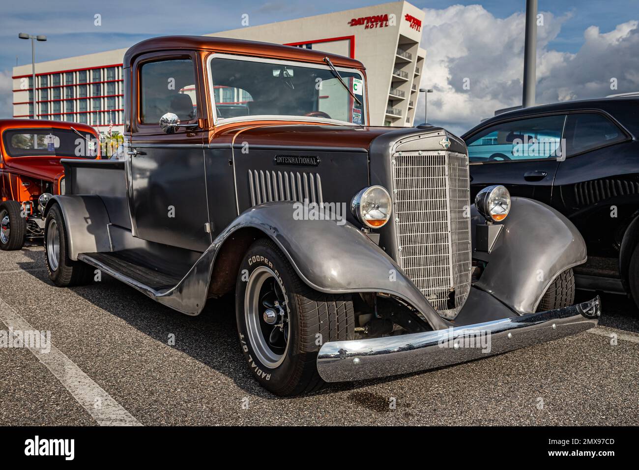 Daytona Beach, FL - November 26, 2022: Low perspective front corner view of a 1936 International Harvester C1 Pickup Truck at a local car show. Stock Photo