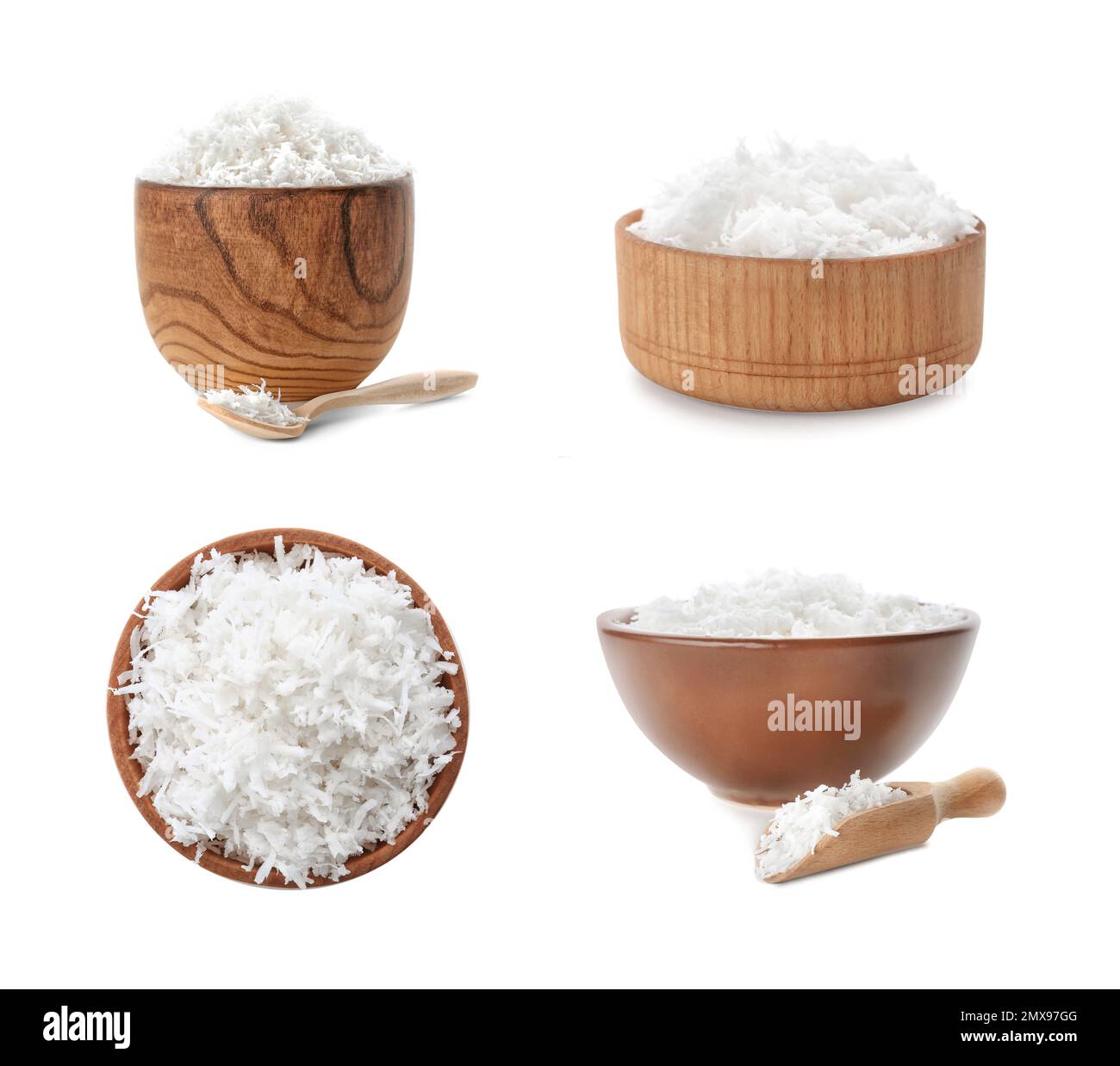 Set with fresh coconut flakes in bowls isolated on white Stock Photo