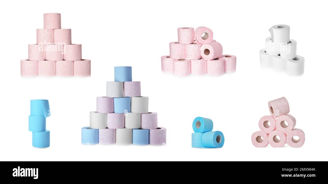 Set with rolls of toilet paper on white background. Banner design Stock