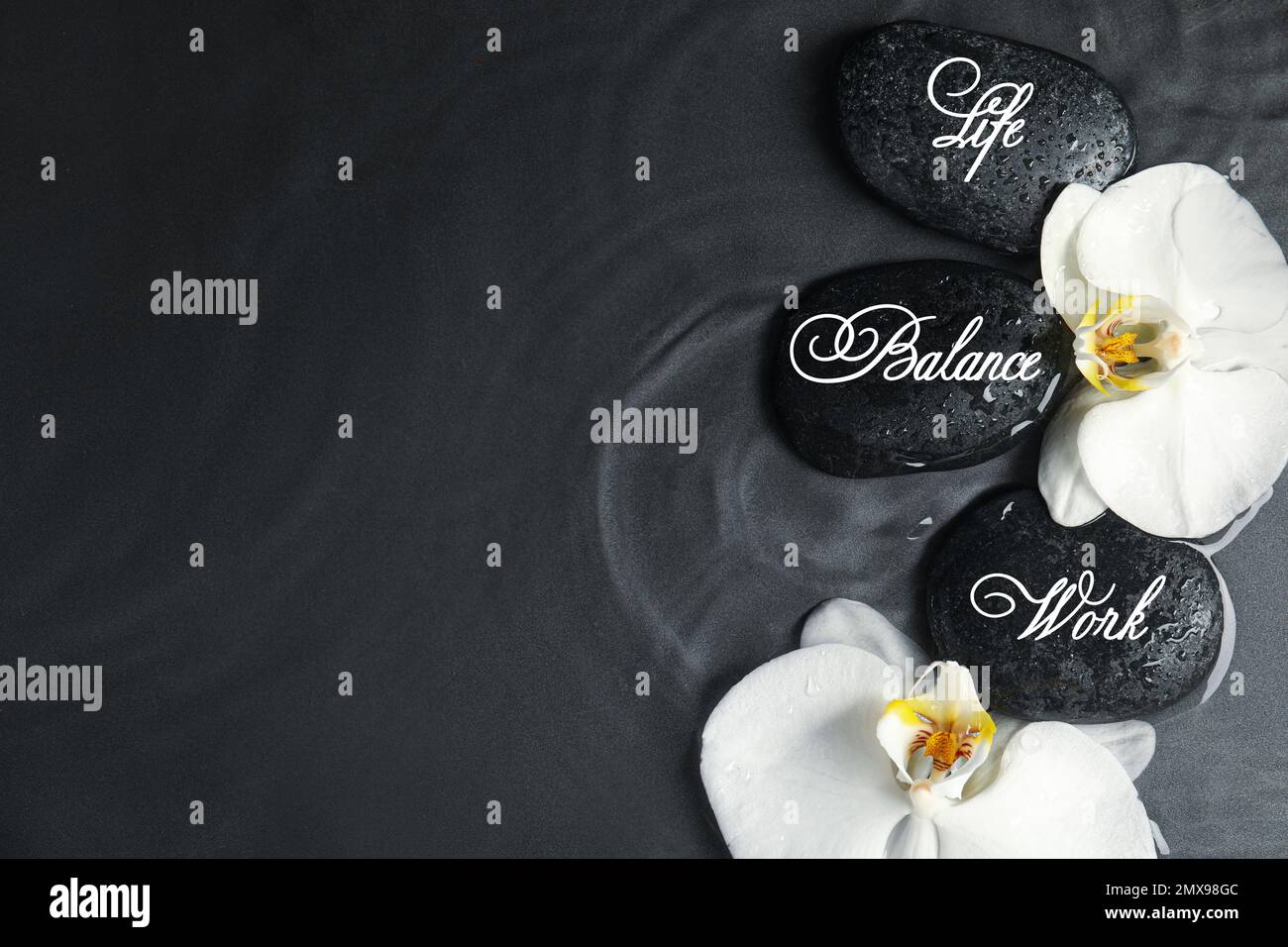 Work-life balance concept. Stones and orchid flowers in water, top view ...