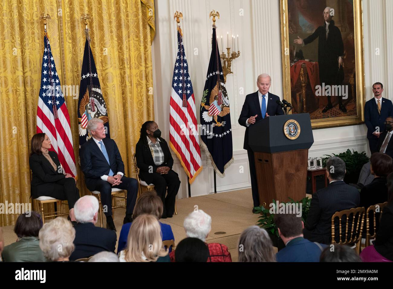 United States President Joe Biden delivers remarks to mark the 30th Anniversary of the Family and Medical Leave Act at the White House in Washington, DC on February 2, 2023. Credit: Chris Kleponis/CNP Stock Photo