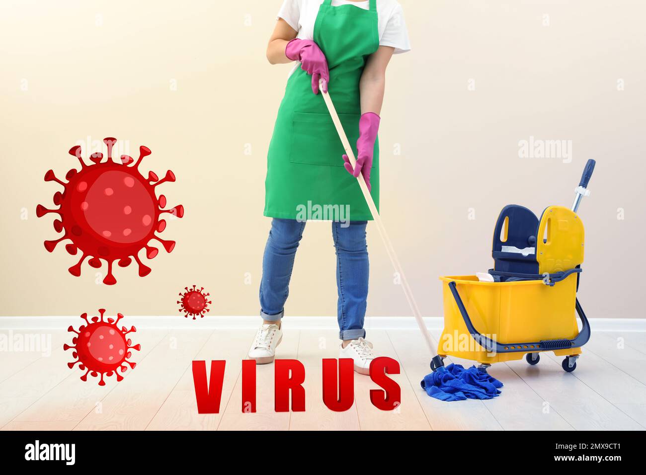 Cleaning vs viruses. Woman washing floor with mop and disinfecting