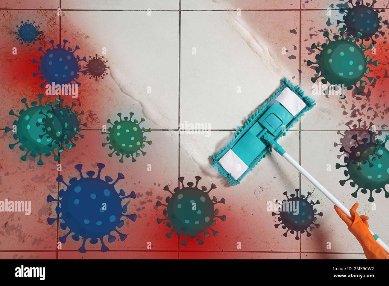 Cleaning vs viruses. Woman washing floor with mop and disinfecting
