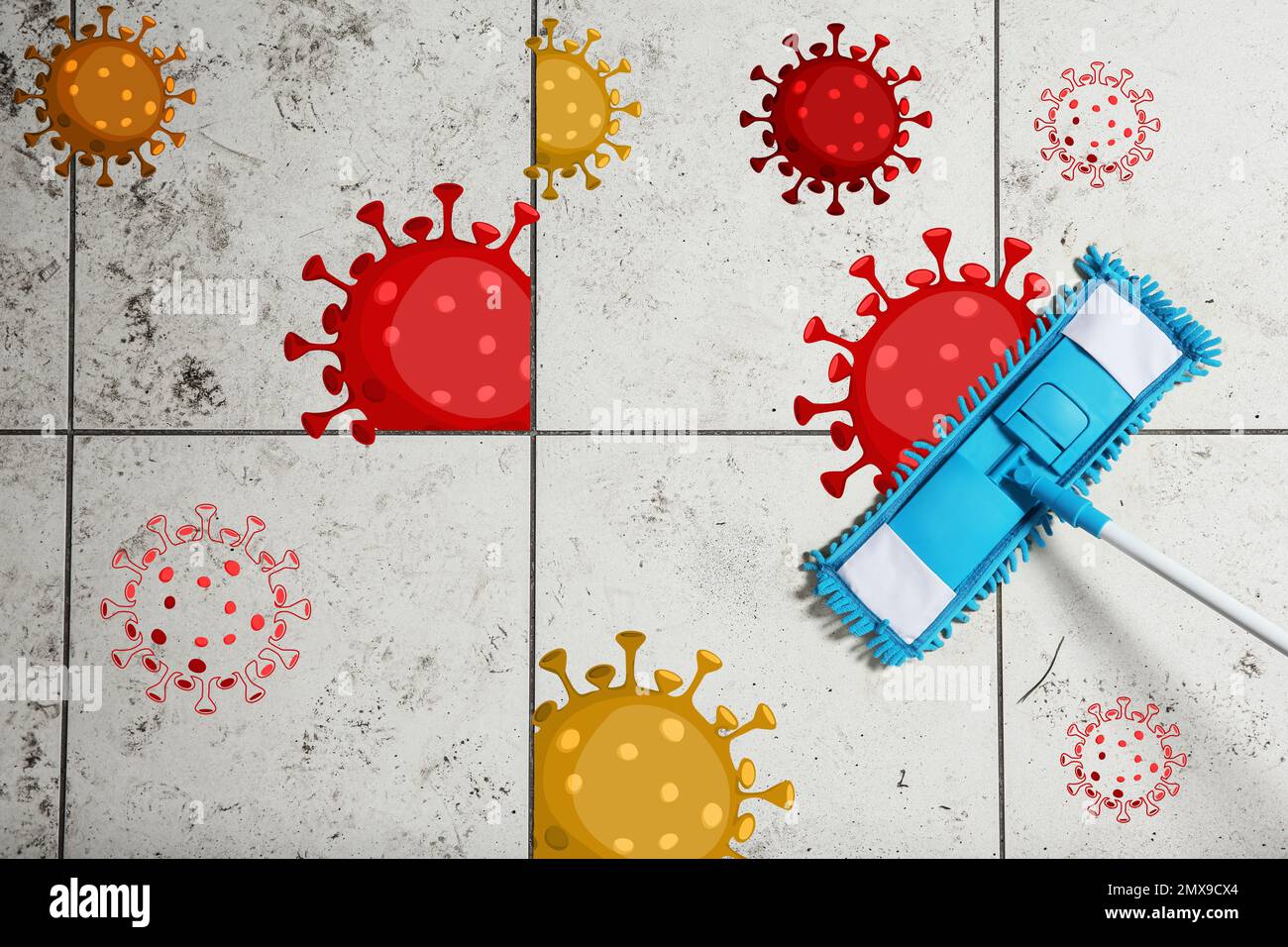 Cleaning vs viruses. Washing floor with mop and disinfecting solution