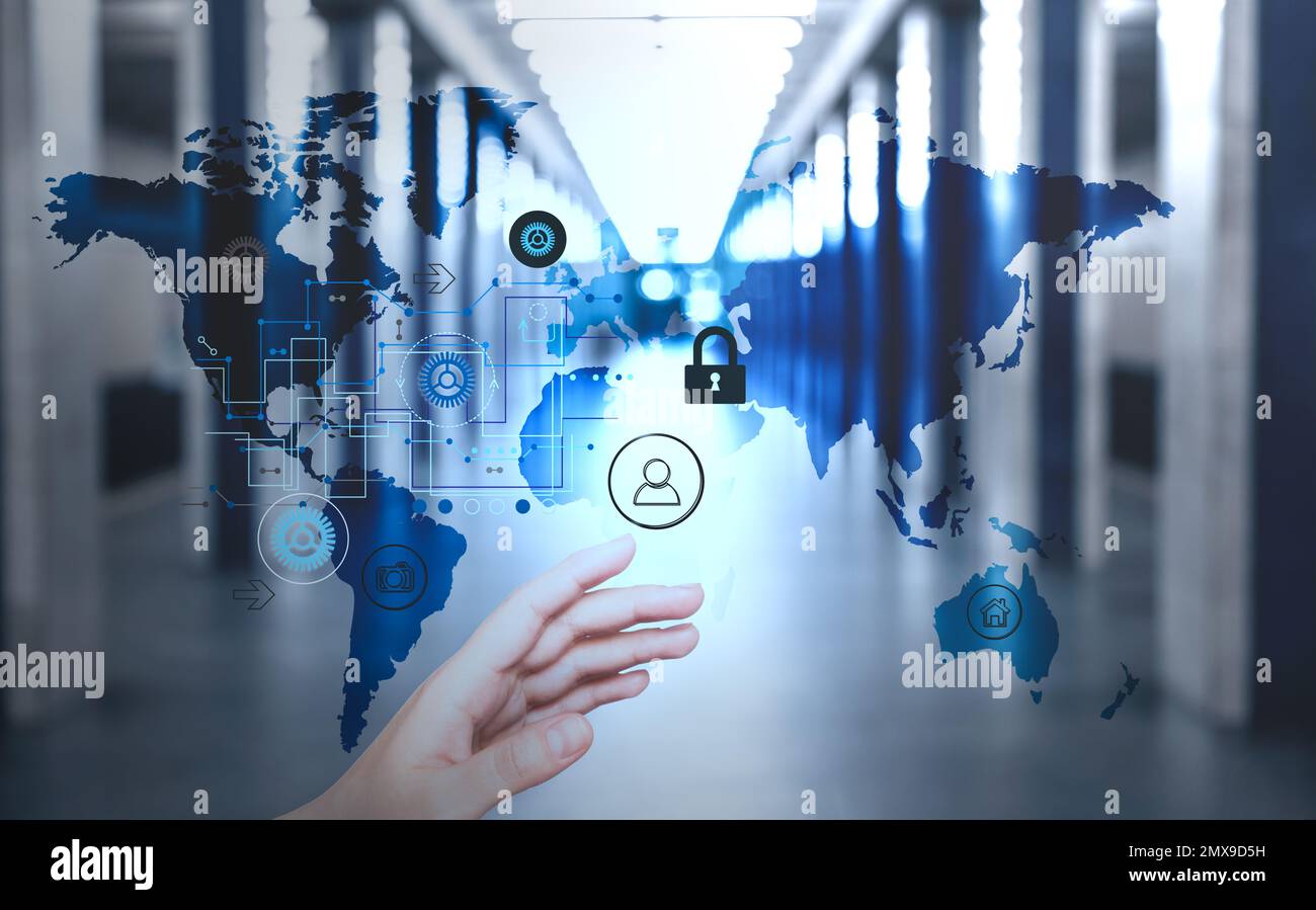 Woman activating protection against cyber attack, closeup. Digital ...