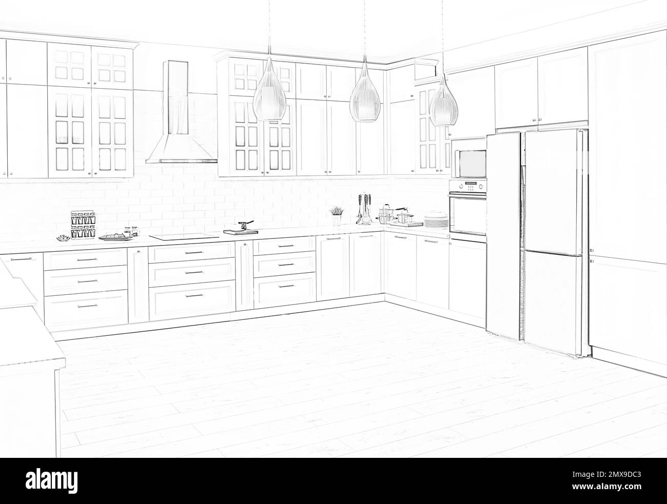 Beautiful kitchen with new stylish furniture. Illustrated interior ...