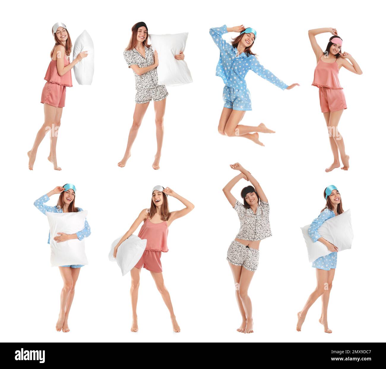 Collage of women with sleep masks on white background. Bedtime Stock Photo