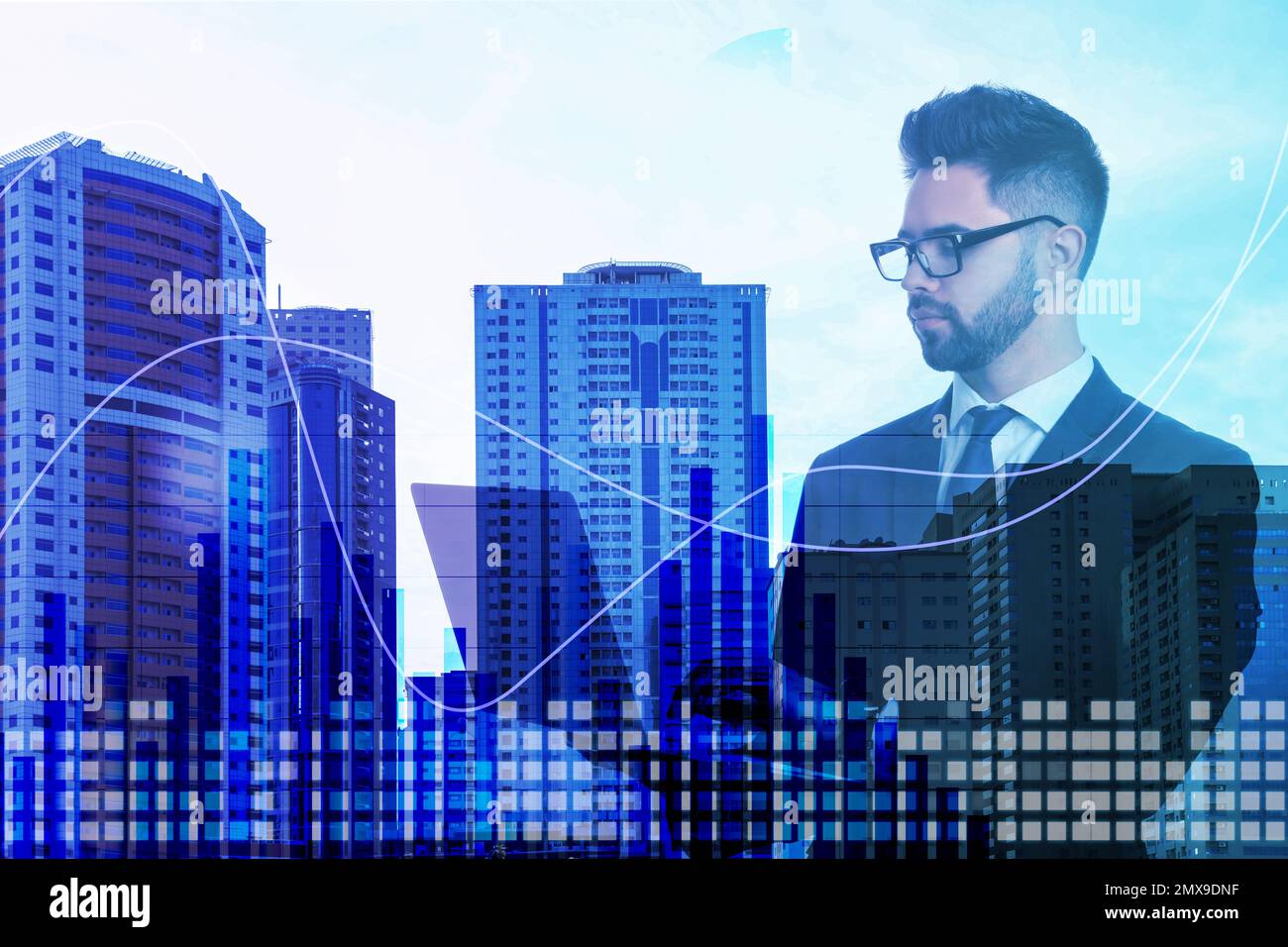 Multiple exposure of businessman, graph and cityscape Stock Photo