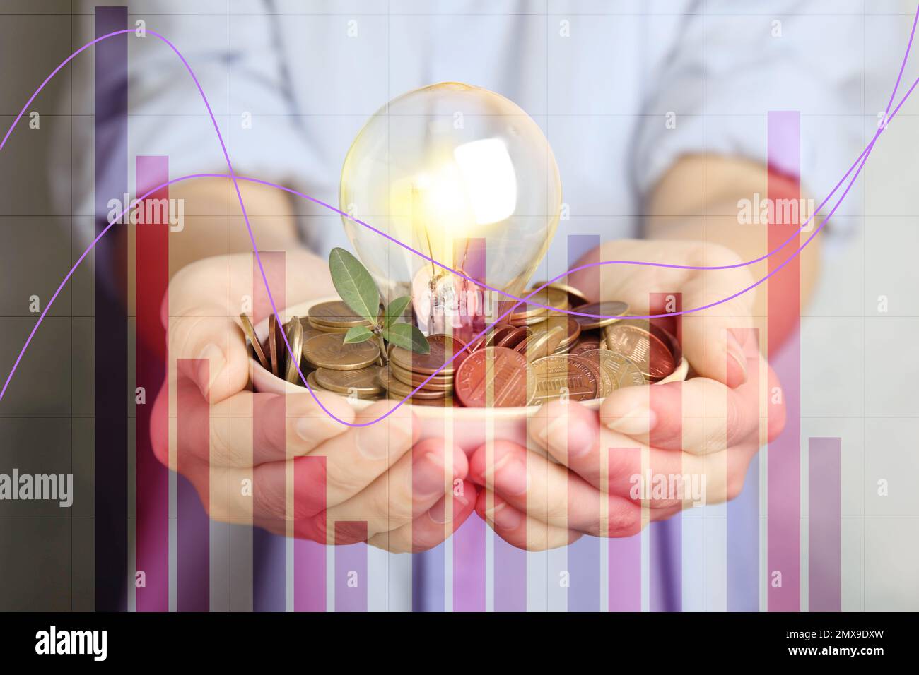 Woman with coins, light bulb and green plant, closeup. Energy saving Stock Photo