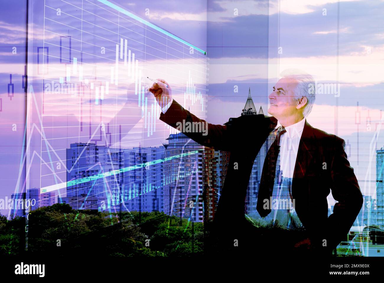 Multiple exposure of senior businessman, graph and cityscape Stock Photo