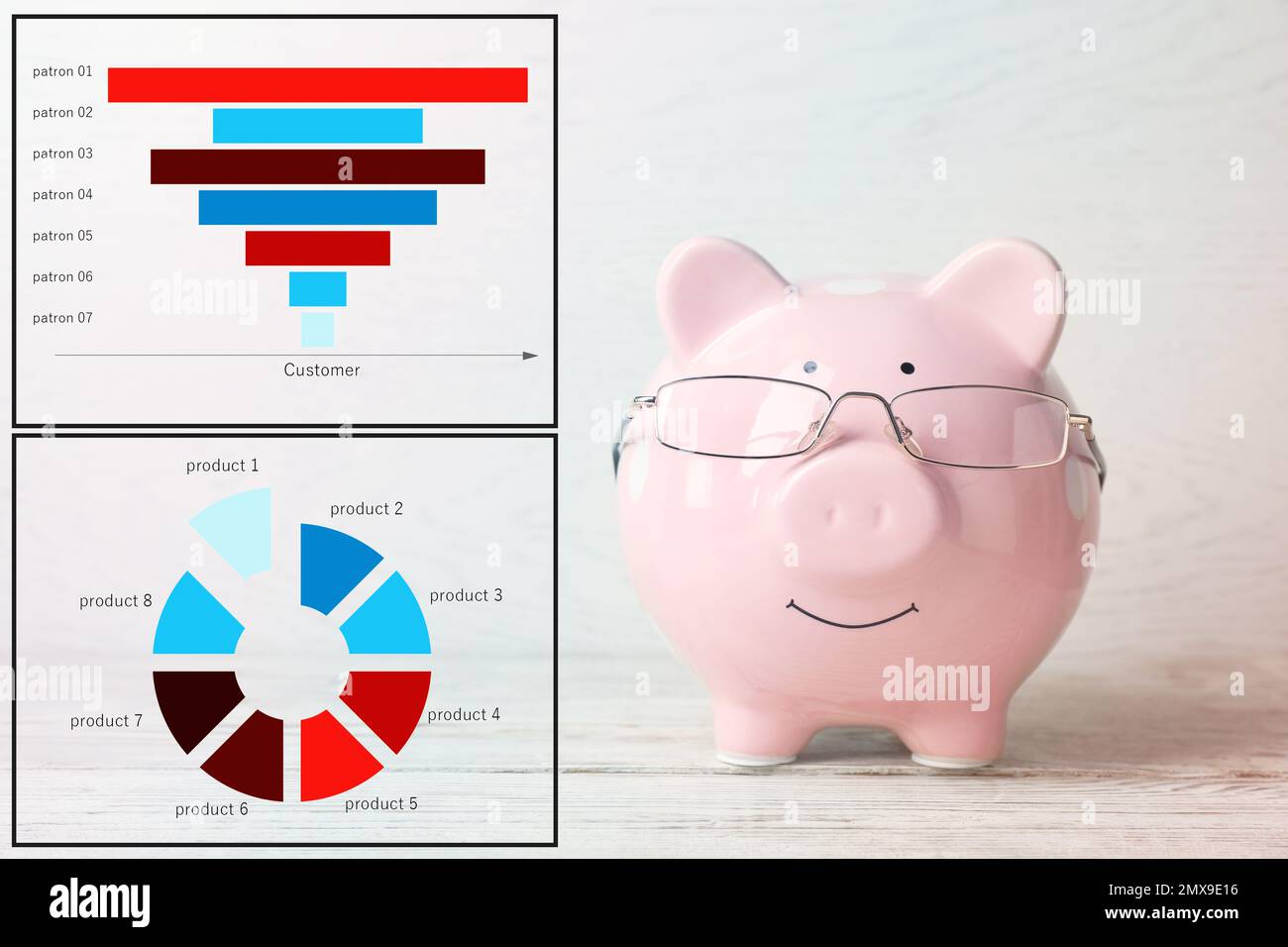 Pink piggy bank with glasses and graph on light background Stock Photo ...