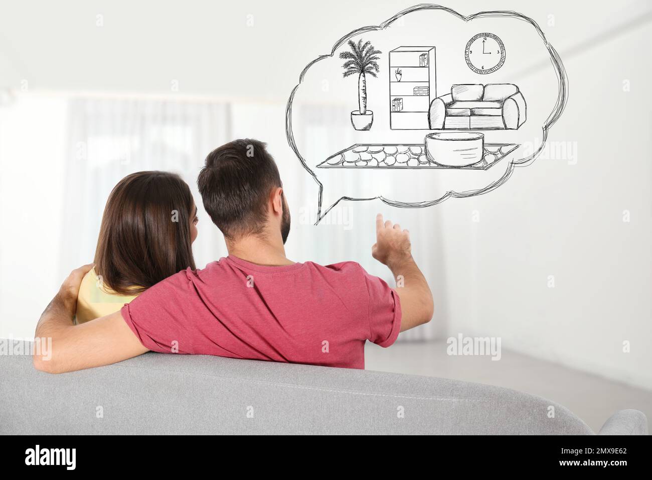 Moving to new house. Couple imagining living room arrangement. Illustrated interior design in speech bubble Stock Photo