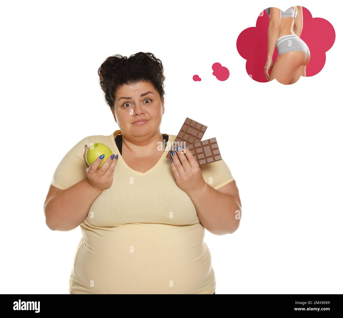 Overweight woman with apple and chocolate dreaming about slim body on ...