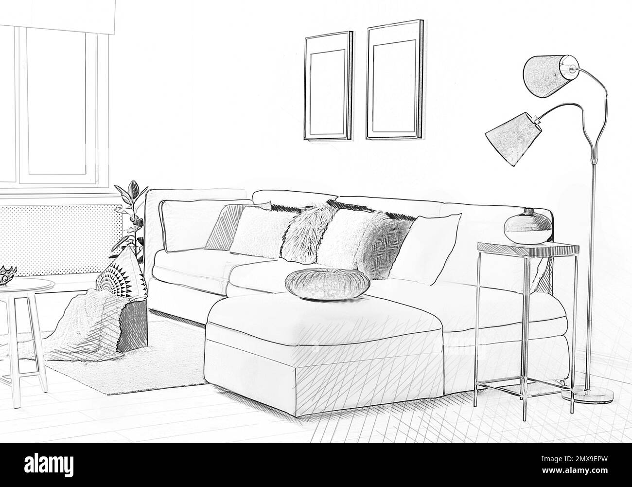 Stylish living room with comfortable sofa. Illustrated interior design Stock Photo