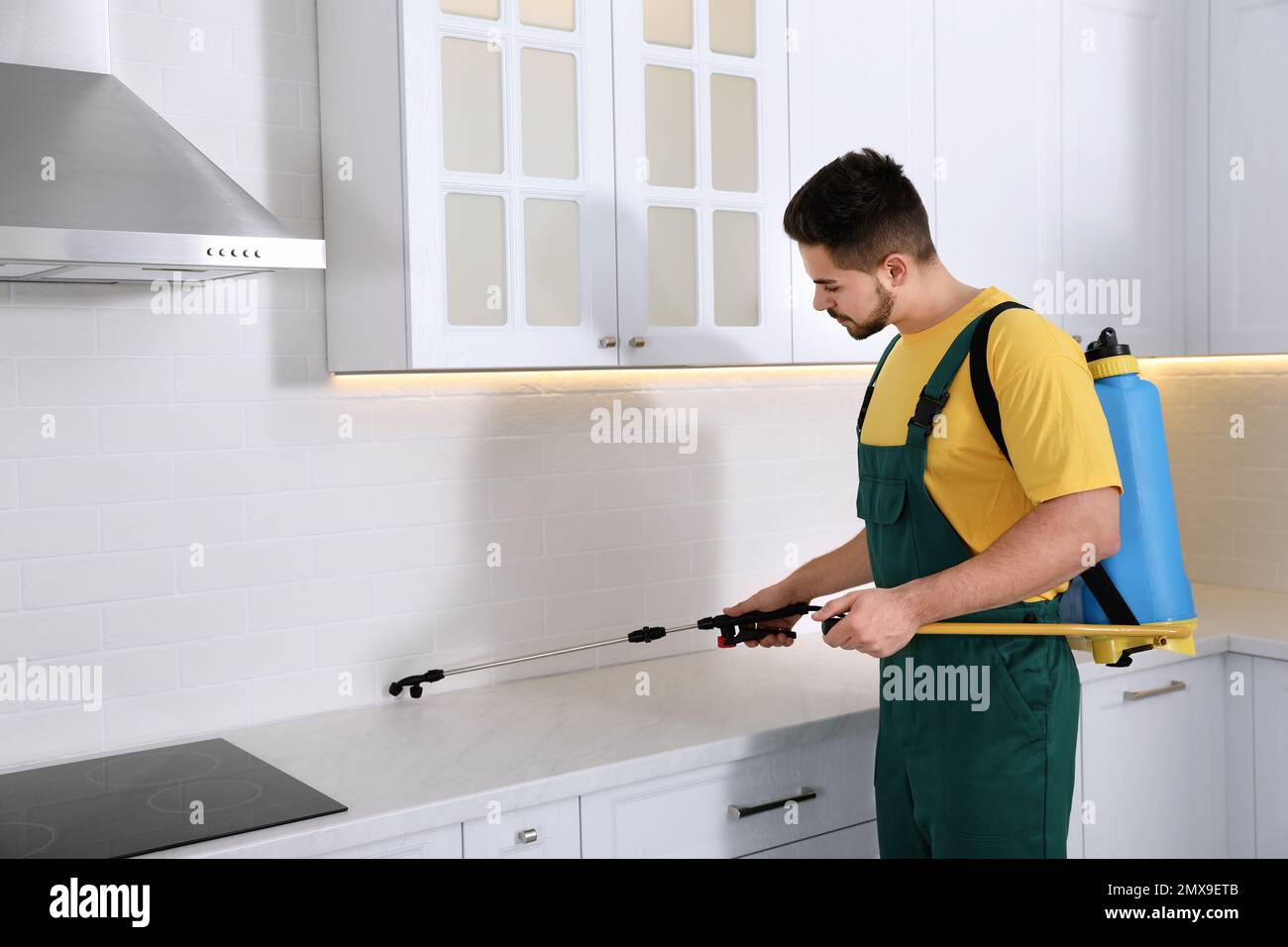 Pest control worker spraying insecticide on furniture in kitchen Stock