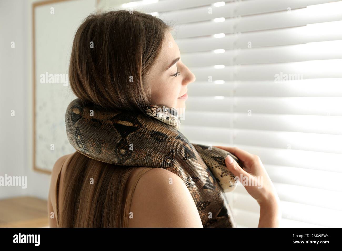 Young woman with boa constrictor at home. Exotic pet Stock Photo - Alamy