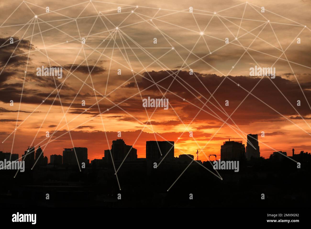 Landscape Network Image Beautiful cityscape and network connection lines. Cloud technology ...