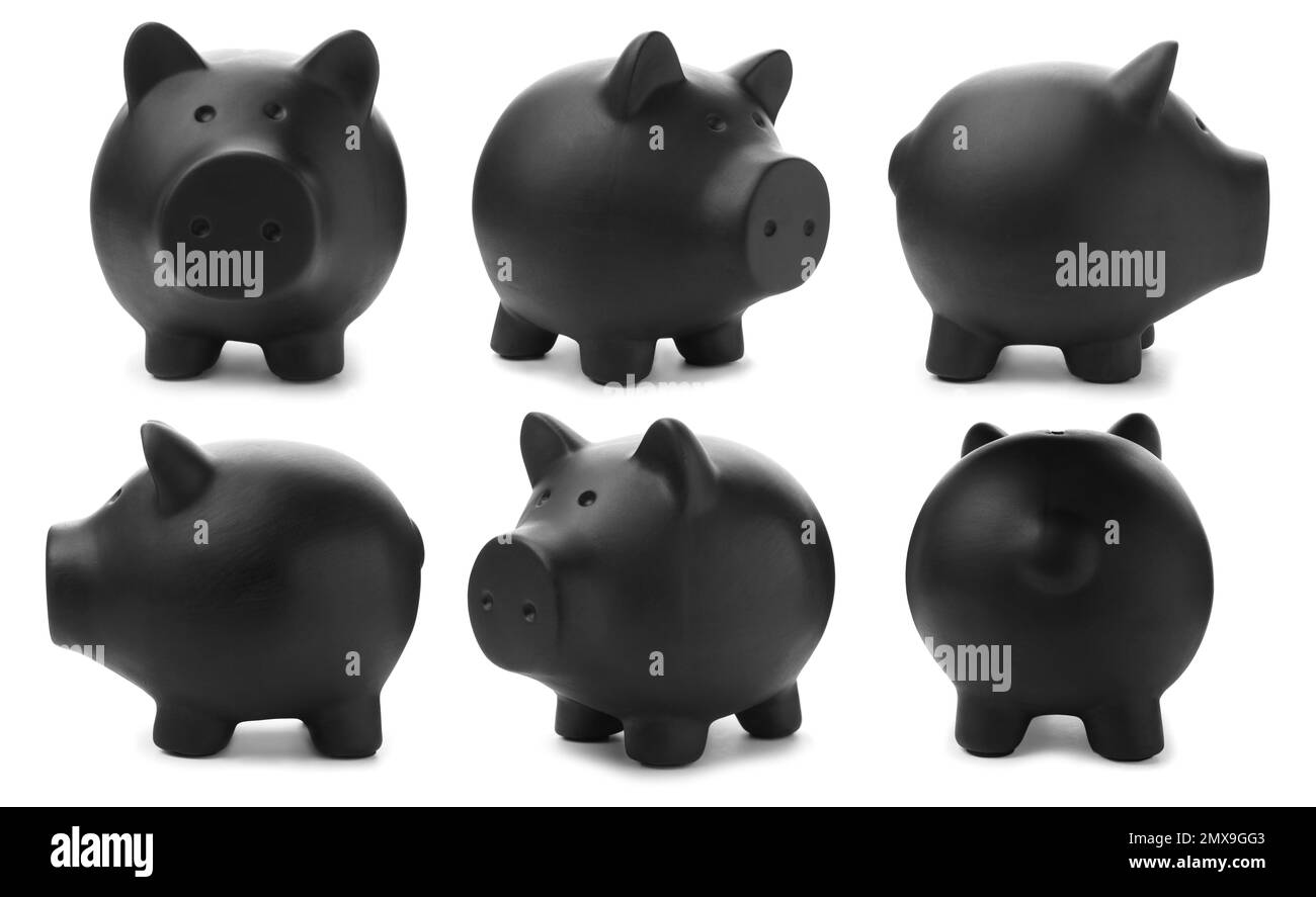 Set with black piggy bank on white background Stock Photo - Alamy