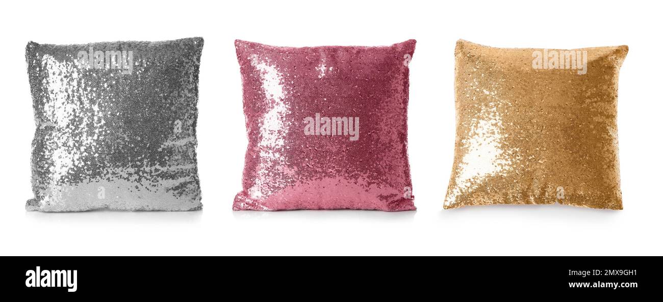 Set of different pillows on white background. Banner design Stock Photo