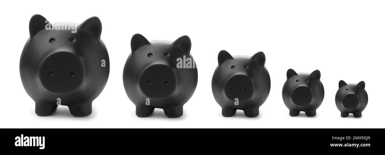 Set with black piggy banks on white background. Banner design Stock ...