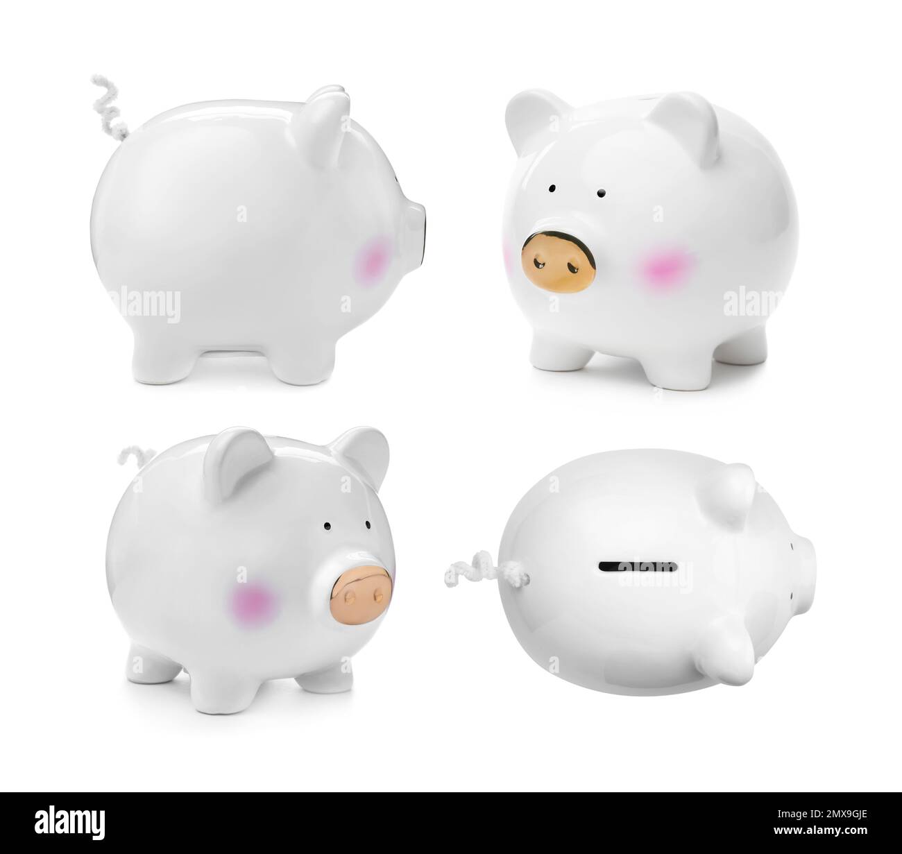 Set with ceramic piggy bank on white background Stock Photo - Alamy